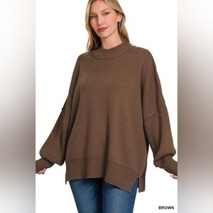 Zenana Outfitters Women's Brown Oversized Crew Neck Sweater
